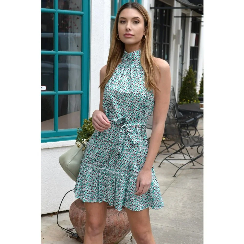 Boho Floral Halter Neck Ruffle Woven Mini Dress - Picture 2 of 6